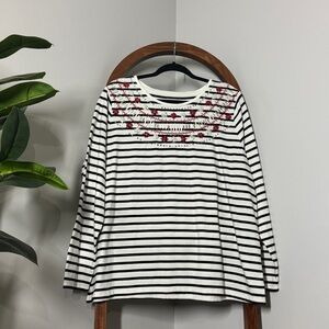Talbots 2X White Black Striped Sequin Long Sleeve 100% Cotton Knit Blouse Top